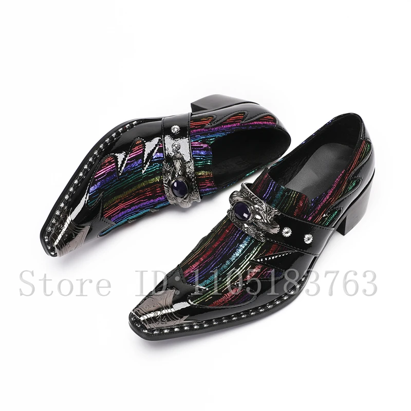 

Stylish Men's Gothic Western Cowboy Loafers Black Patent Leather Rainbow Stripe Embroidery Patchwork Slip On Dress Shoes