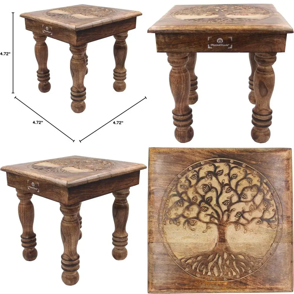 

Elegant Mango Wood Carved Altar Table for Puja, Meditation & Tree of Life Theme