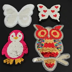 Reversible Sequin Penguin Butterfly Owl Patch Embroidery Applique Double-Sided Two-Tone Diy Design for T-Shirts and Fabric