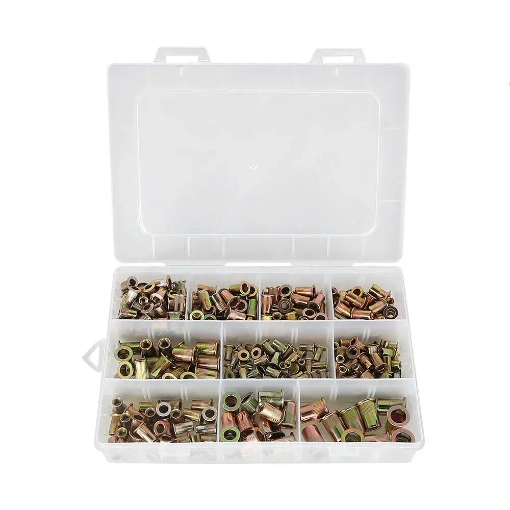 220pcs M3 M4 M5 M6 M8 M10 M12 Zinc Plated Carbon Steel Blind Flat Head Threaded Rivet Nut Rivet Insert Nutsert Knurled Nuts Kits