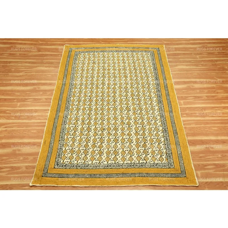 Area Rugs Natural Jute Weave Living Room Yellow Hand Block Print Yoga Mat 5x8FT