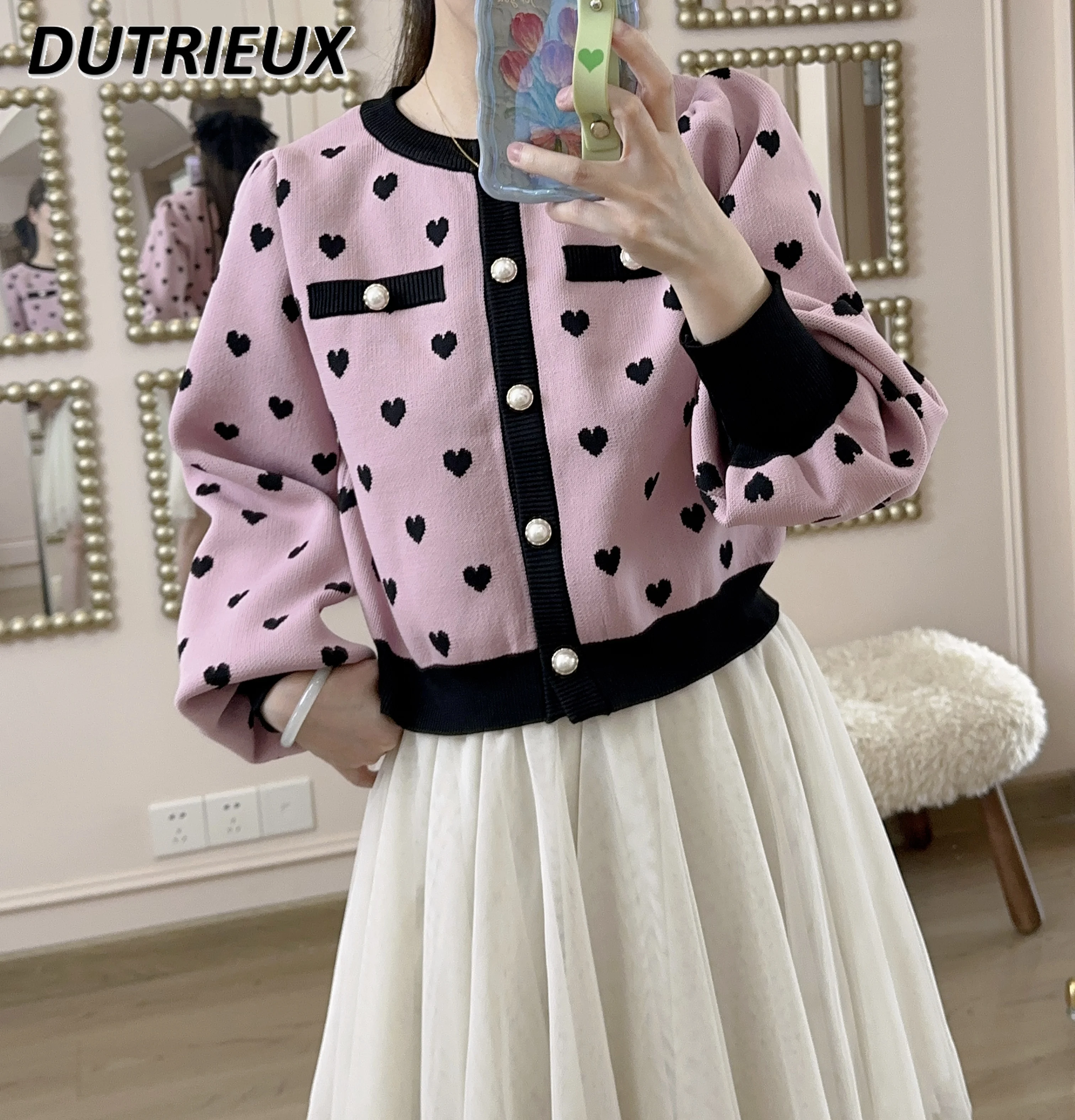 

Autumn New Knitwear All-Match and Sweet Girls Knitted Cardigan Exquisite Cute Sister Fashion Printed Short Sweater Coat