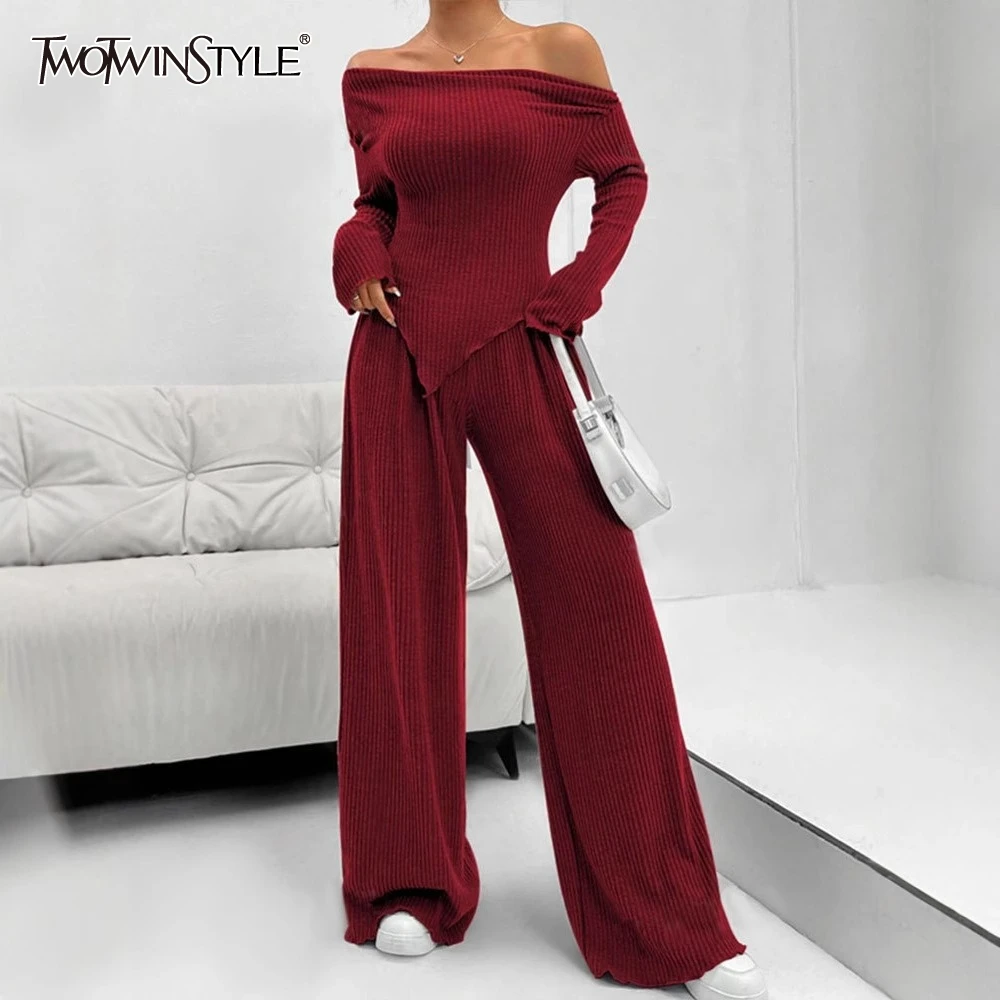 

TWOTWINSTYLE однотонный комплект из двух предметов для женщин, футболка с длинным рукавом и высокой талией, комплекты брюк, женский модный стиль, новинка