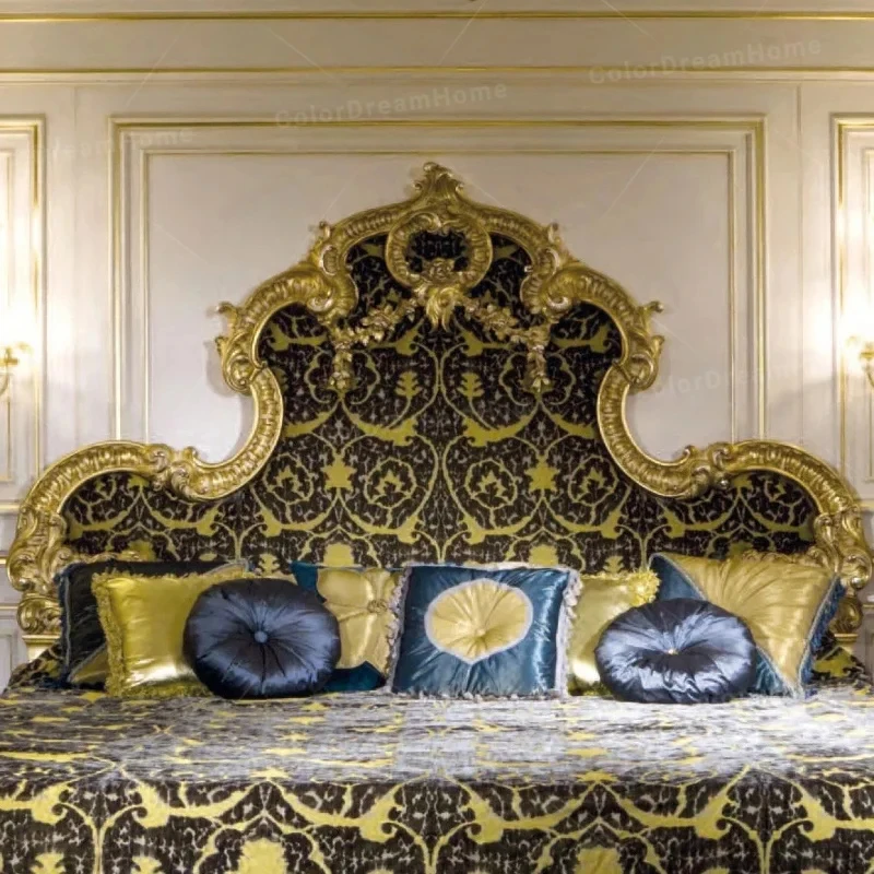custom.French Baroque Size Bedroom Set in Black Wood Classic Carved Bed and Nightstand