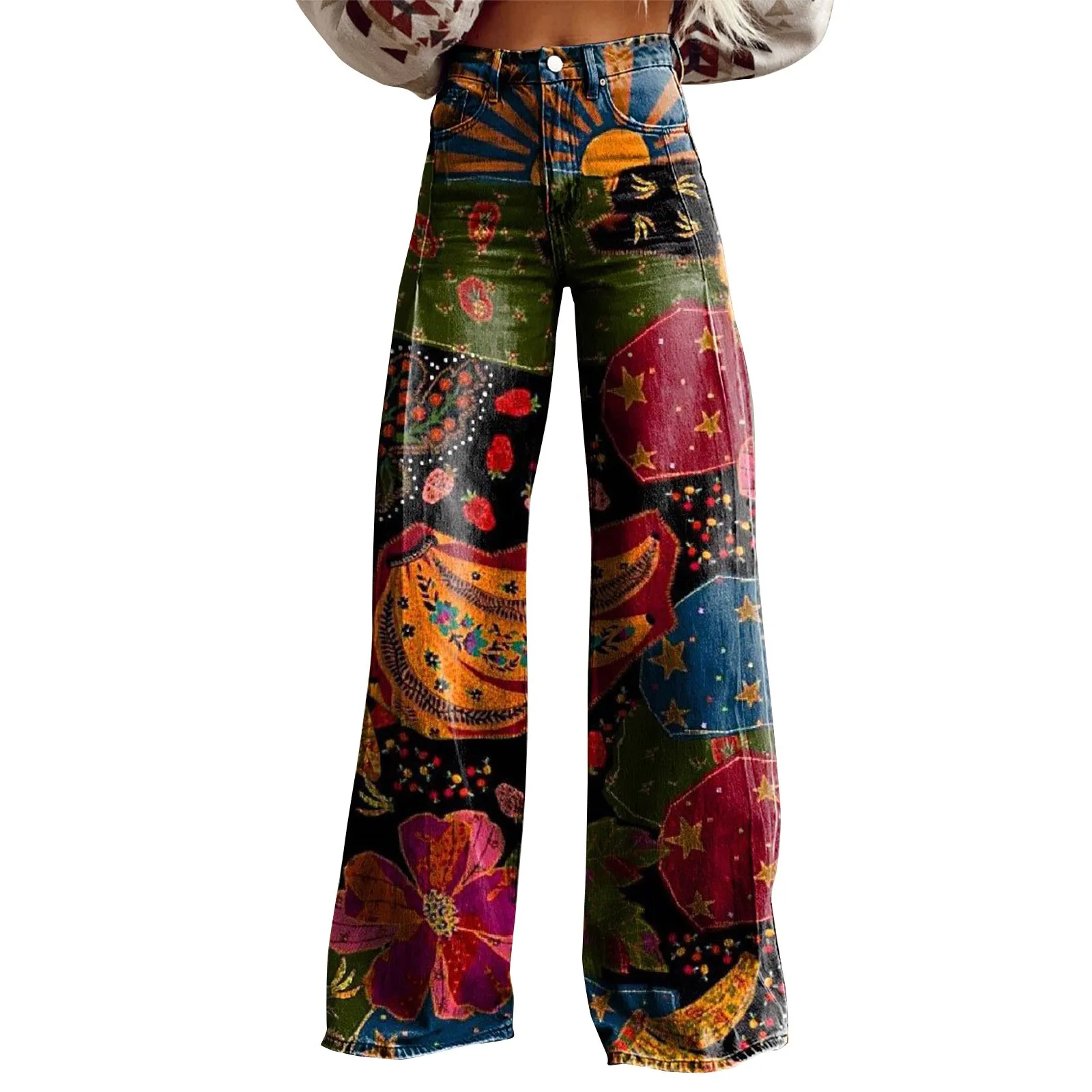 

Vintage Print Wide Leg Long Trousers Women's Casual Wide Leg Pants High Waist Pant 2024 New Commuting Pants