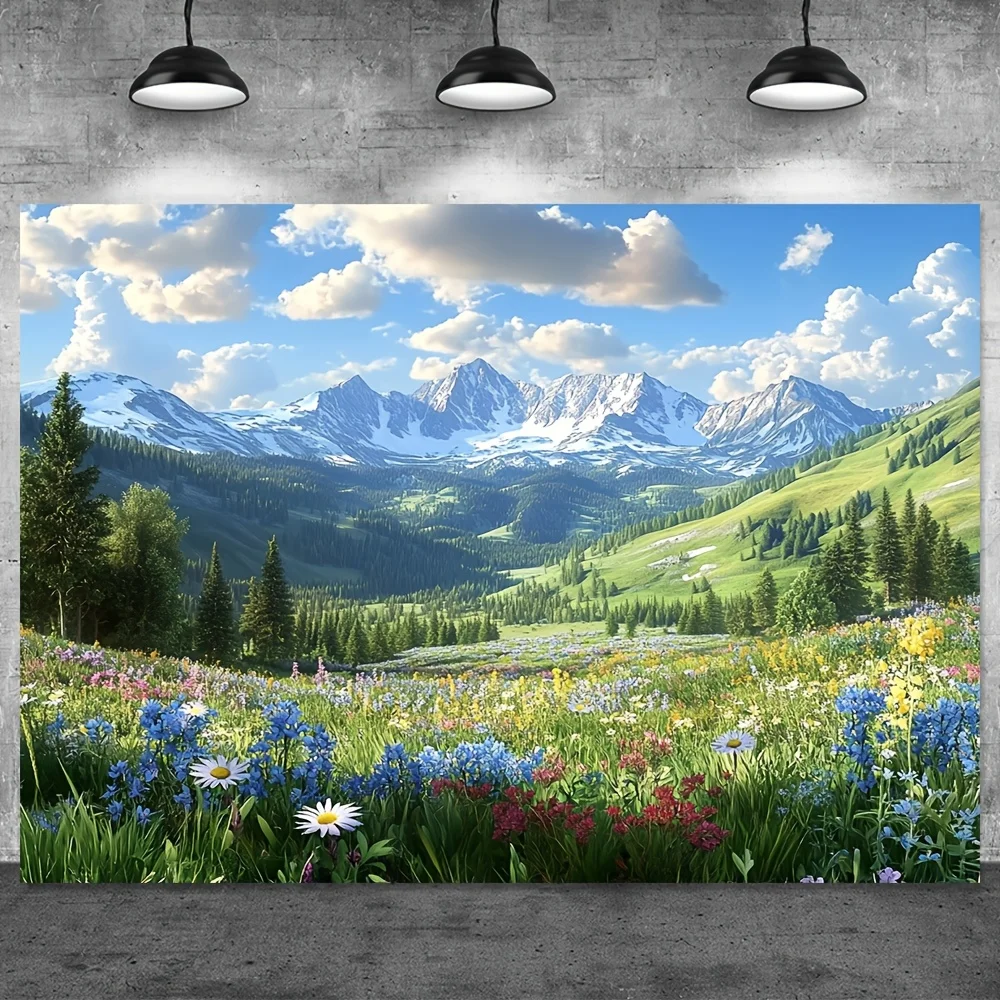 1pc, Oversized Spring Themed Blooming Flowers & Mountain Scenery Hanging Decor Polyester Fabric, No Electricity Required