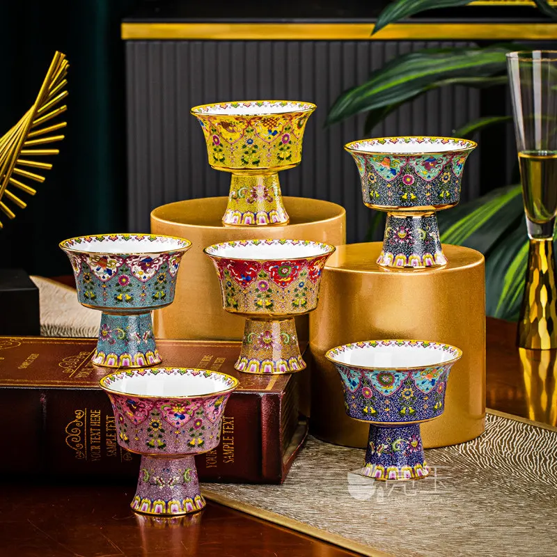Jingdezhen Chinese Bone China Ethnic Bowl - Tibetan Butter Tea Cups, Octagonal Offering Bowls with High Foot & Golden Rims