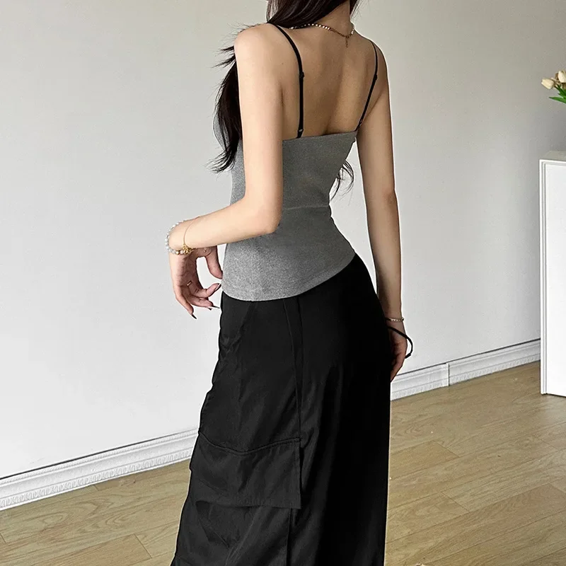 Camisola calada de Encaje Vintage urbana para mujer, Tops nuevos de verano 2025, camiseta sin mangas gris con espalda descubierta ajustada Sexy Y2k