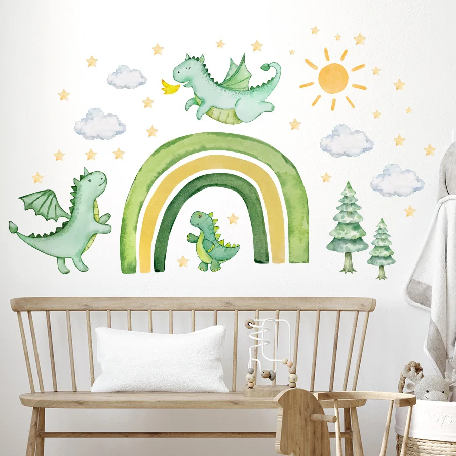 Cartoon Green Rainbow Flying Dragon Wall Stickers Cute Dinosaur Sun Cloud Decals Self-adhesive for Baby Bedroom Boys Room Decor - view 5
