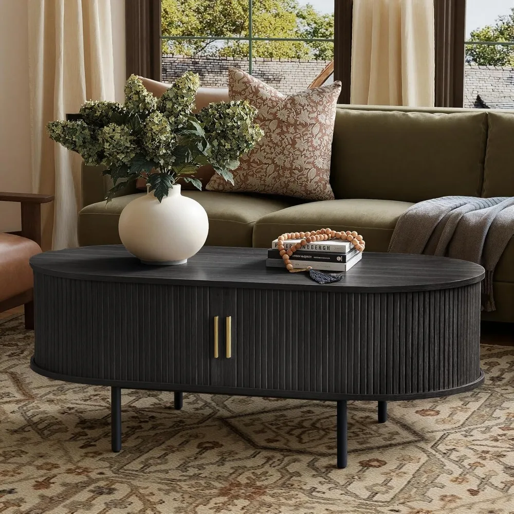 

Modern Coffee Table with Storage, 47.2 Oval Fluted Coffee Table with Sliding Doors, Minimalist Tea Table with Wood Grain Veneer