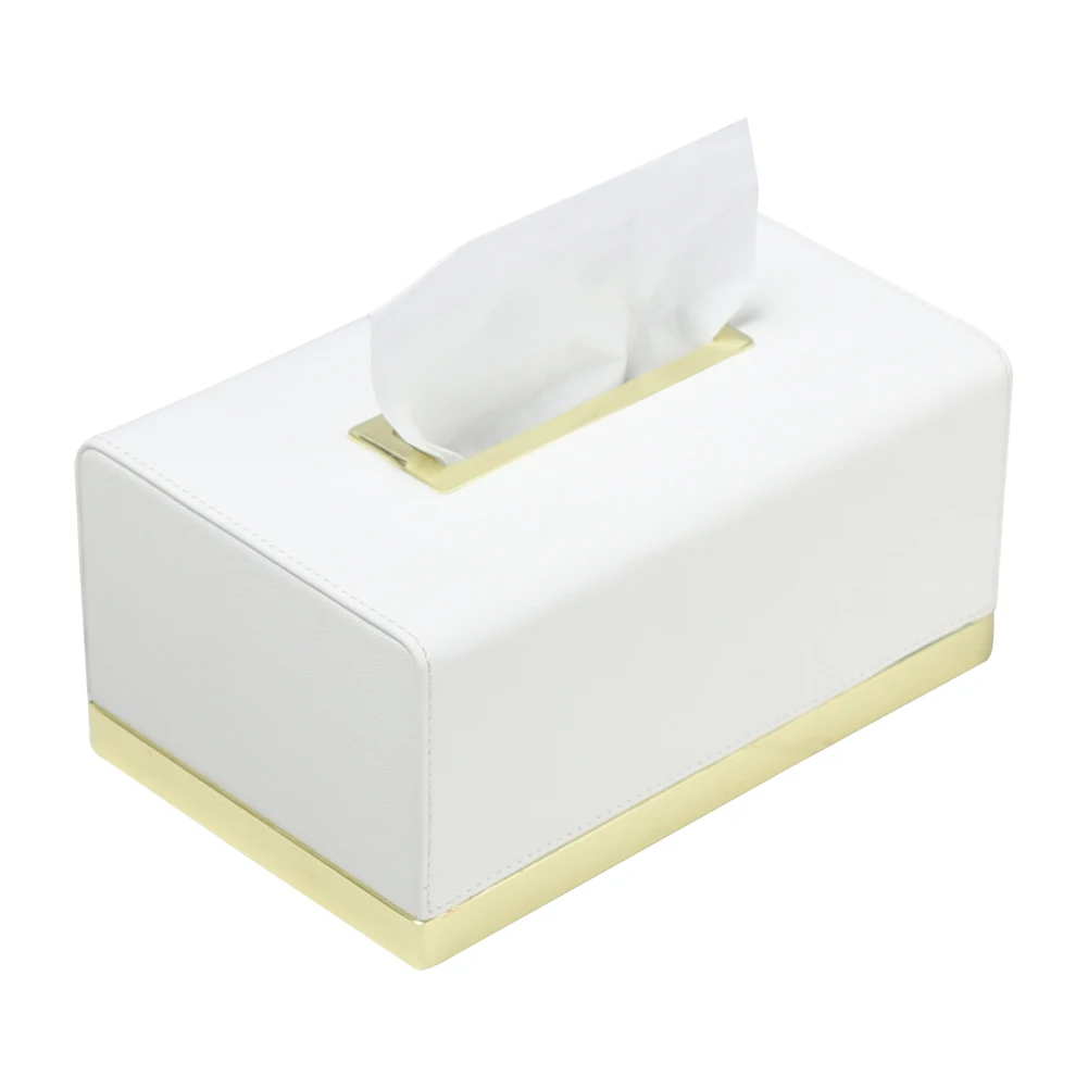 Metal Edge Car Tissue Holder Faux Leather 150 Pages Tissue Wipe Case White Napkin Box Towel Organizer for Home Office