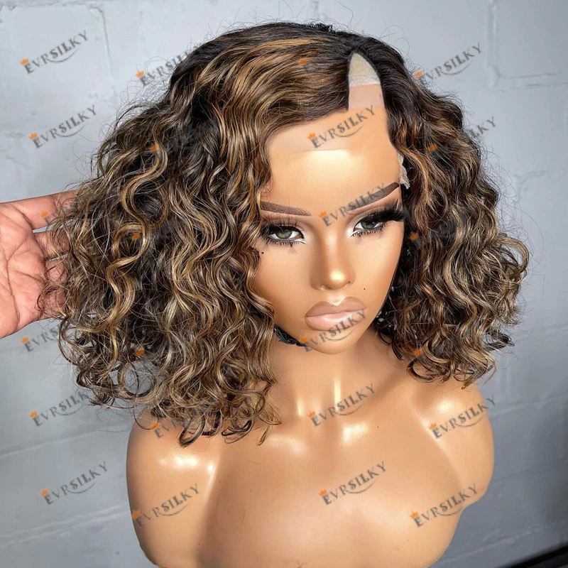 Side Part Opening 1x4 Middle V Part 100% Remy Human Hair Wigs for Black Women Short Bob Highlight Brown Glueless U Part Wigs