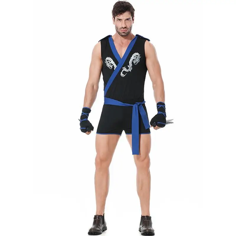 Men Male Ninja Onesie with Belt Cuff Adult Assassin Costumes Samurai Jumpsuit Onesie Cosplay