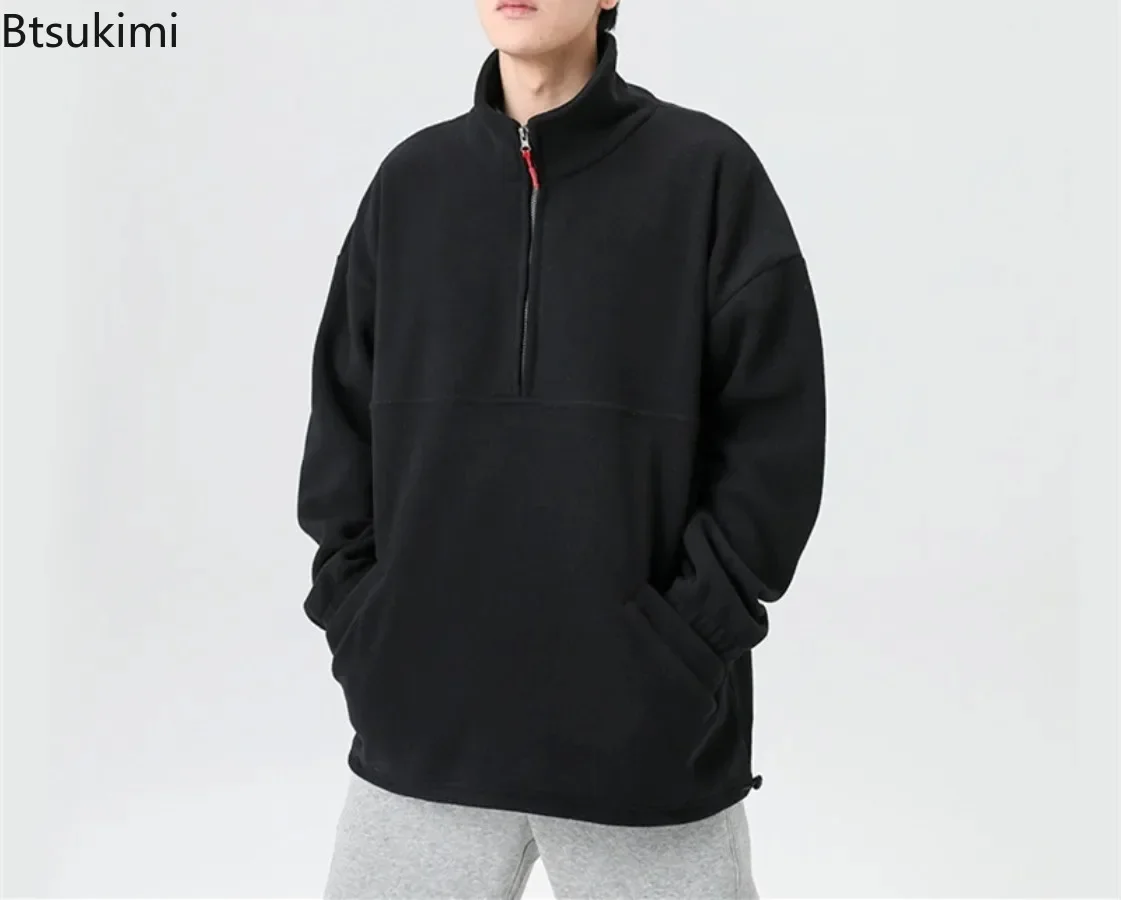 2025 Men's Casual Sweatshirts Fleece Thicker Warm Stand Collar Zipper Pullovers Hoodies Loose Streetwear Solid Men's Warm Tops
