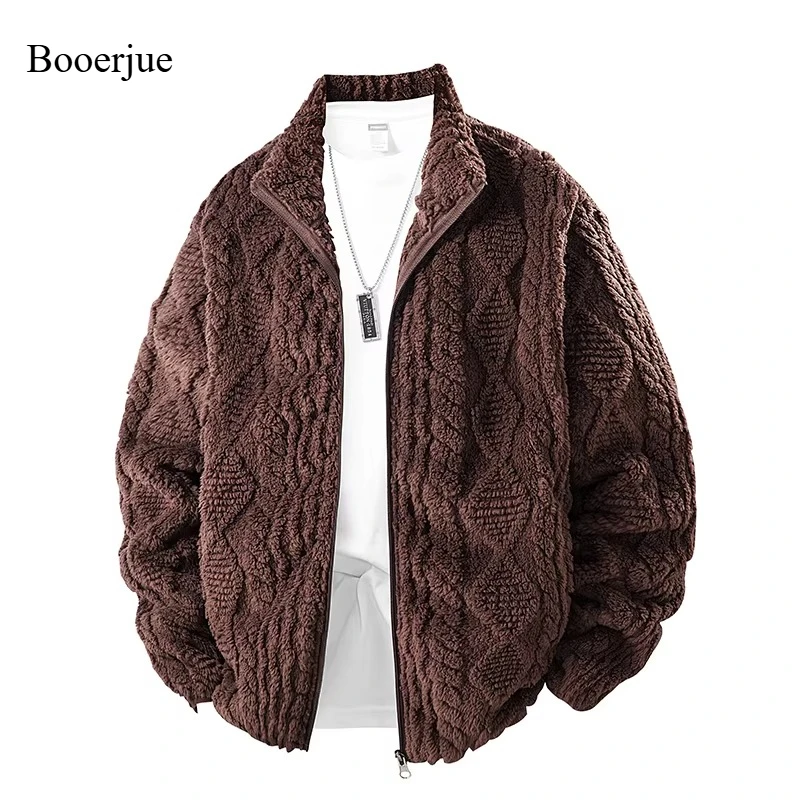 New Men's Sherpa Fleece Jacket EU Size Granular Jacquard Texture Stand Collar Winter Warmth Windproof Casual Fashion Outerwear