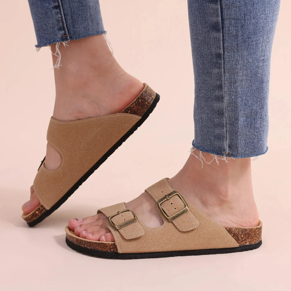 Sandálias Crestar Cork Footbed para homens e mulheres, chinelos novos clássicos de cor sólida com suporte de arco, chinelos de camurça