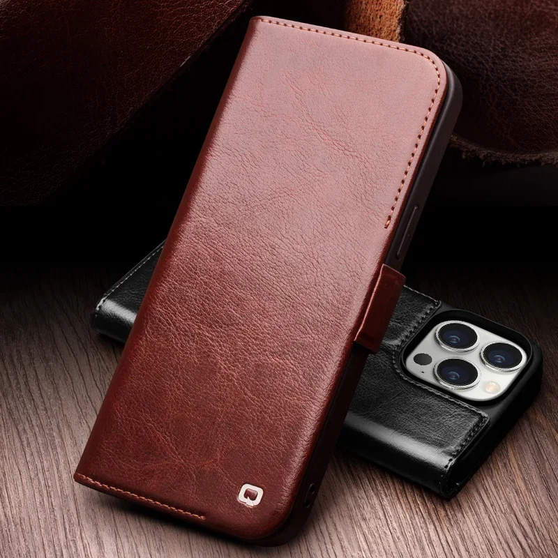 

QIALINO Luxury Ultra Slim Handmade Case for iPhone 14 Pro Max Genuine Leather Wallet Card Slot Bag Flip Cover for iPhone 14 Plus