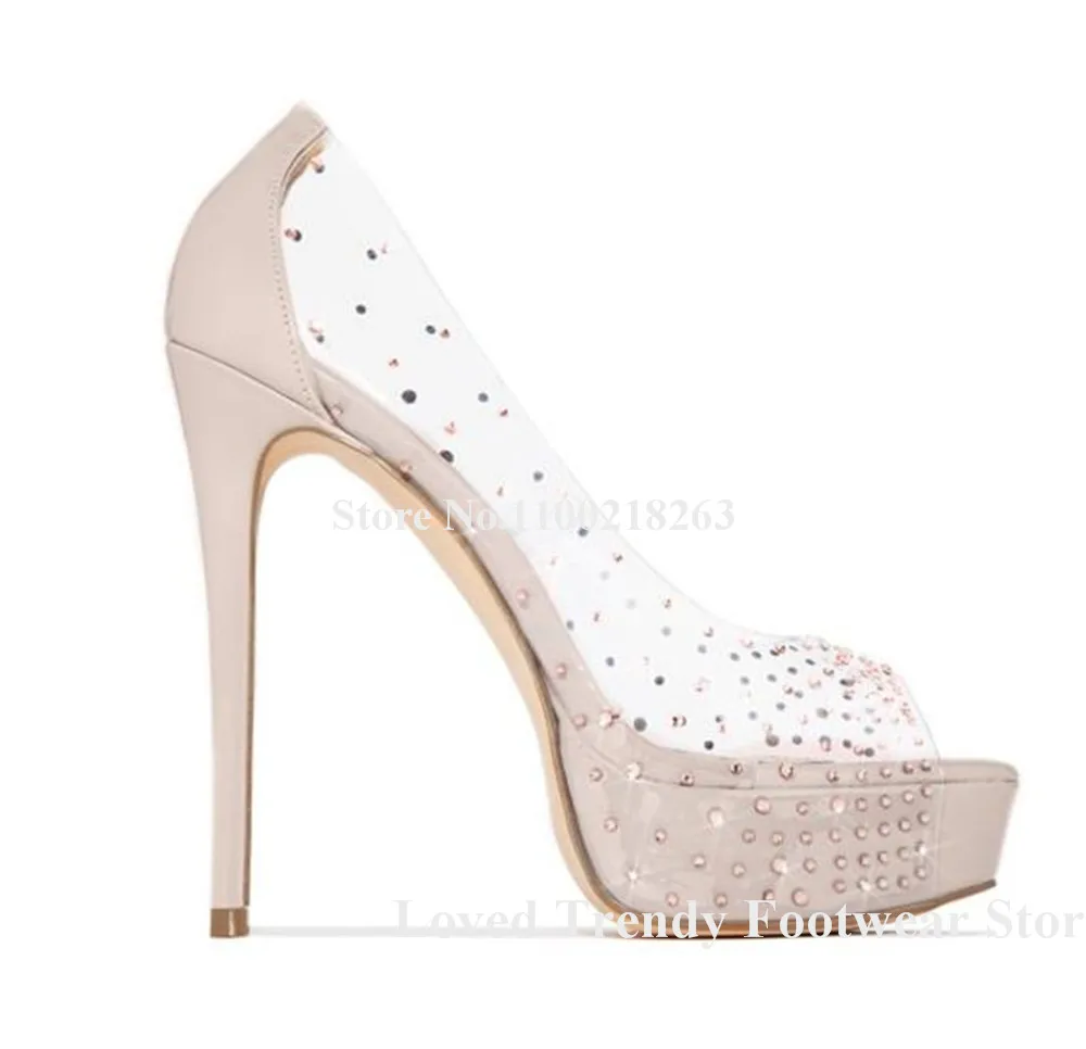 Rhinestones PVC High Platform Stiletto Heel Pumps Bling Bling Open Toe Transparent Crystals Slip-on Thin Heel Wedding Heels