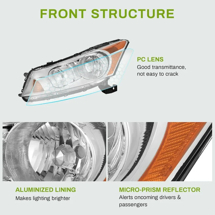 مجموعة مصابيح أمامية متوافقة مع 20082012 أكورد 4 أبواب سيدان كشافات استبدال الكروم الإسكان العنبر عاكس زوج مجموعة ل