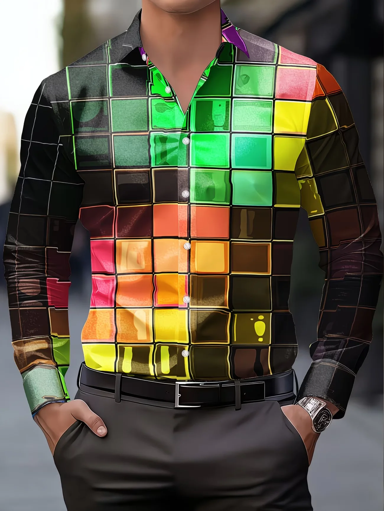 New Colorful Glass Grid 3D Printed Men's Long Sleeve Shirt Trendy Brand Style Casual Flower Shirt Clothing