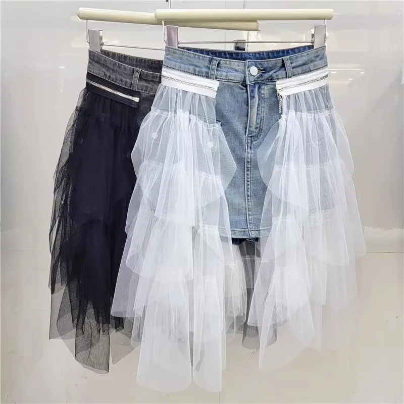 Summer High Waist Elastic Denim Skirt Women 2024 New High Quality Detachable Mesh Splicing Slim A-Line Wrapped Hip Dress Trend