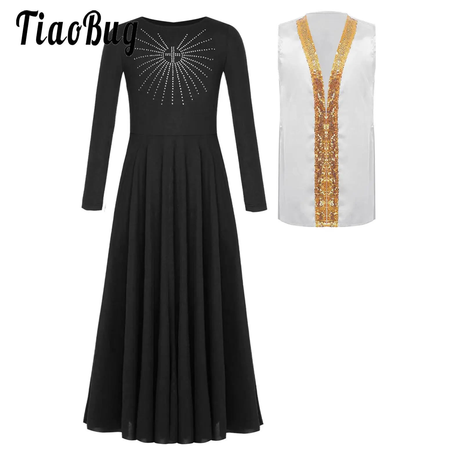 

Kids Girls Praise Worship Liturgical Costumes Lyrical Ballroom Dancewear Sides Split Satin Tank Robe with Long Sleeve Maxi Dress