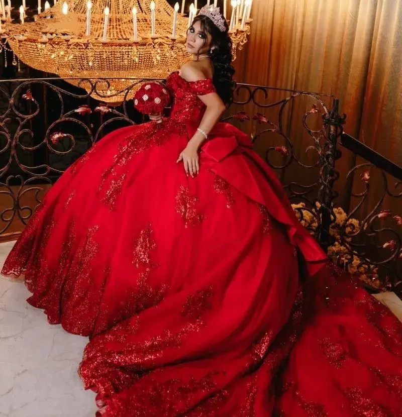 

Lorencia Mexico Red Quinceanera Dress Ball Gown Applique Lace Beading Bow Princess Corset Sweet 16 Vestidos De XV 15 Anos YQD422