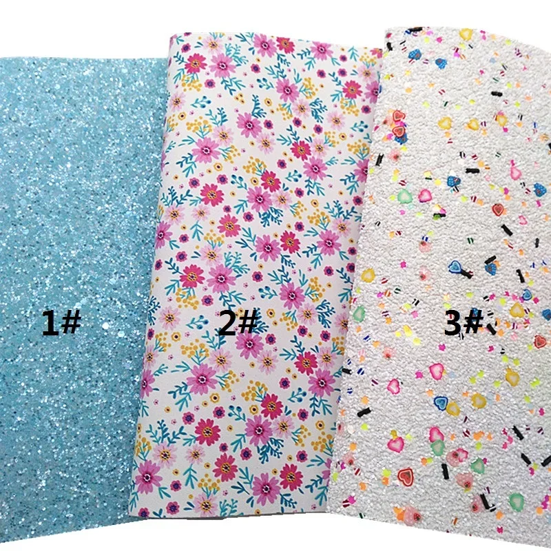 Pink Blue Glitter Leather Sheets White Glitter with Hearts Flowers Hearts Stripes Printed Leather for DIY Craft 8.2