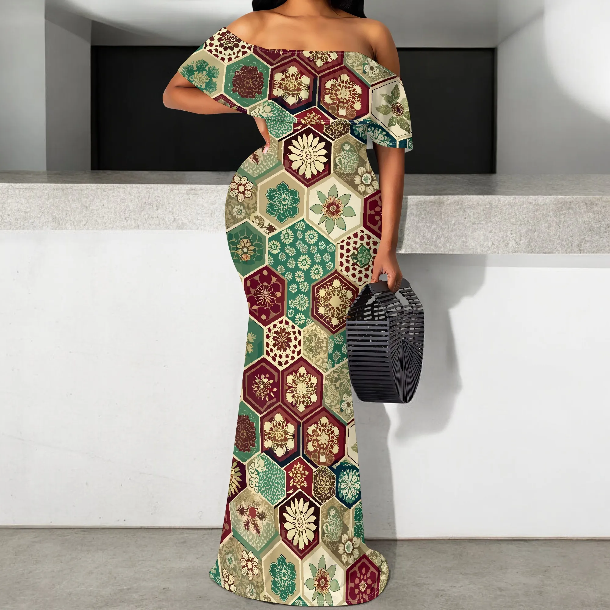 

Hexagon Patchwork Print Women's Off Shoulder Bodycon Mermaid Dress Elegant Christmas Party Gown S-3XL