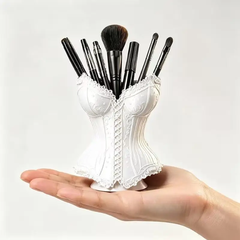 Vintage Lace 3D Printed Corset Makeup Brush Holder Cosmetic Storage Cup Ladies Vanity Dresser Table Decor