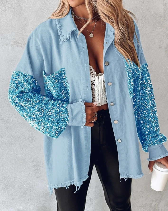 Youthful Woman Coat 2024 Spring/summer Latest Turn Down Collar Long Sleeve Contrast Sequin Raw Hem Shacket Colorblock Top Jacket