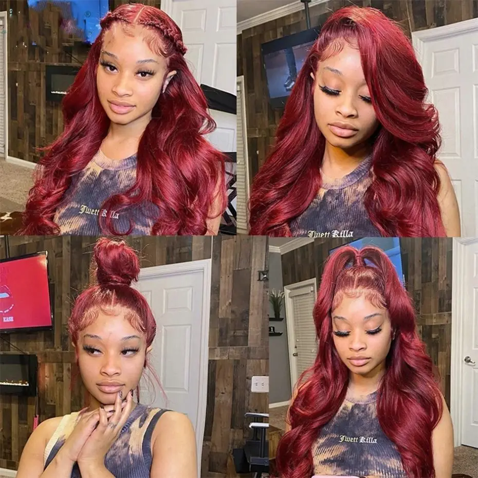 Perruque Lace Front Wig Body Wave Naturelle, Cheveux Humains, Rouge Bordeaux 99J, 13x4, 13x6, Pre-Plucked, avec Baby Hair, pour Femme