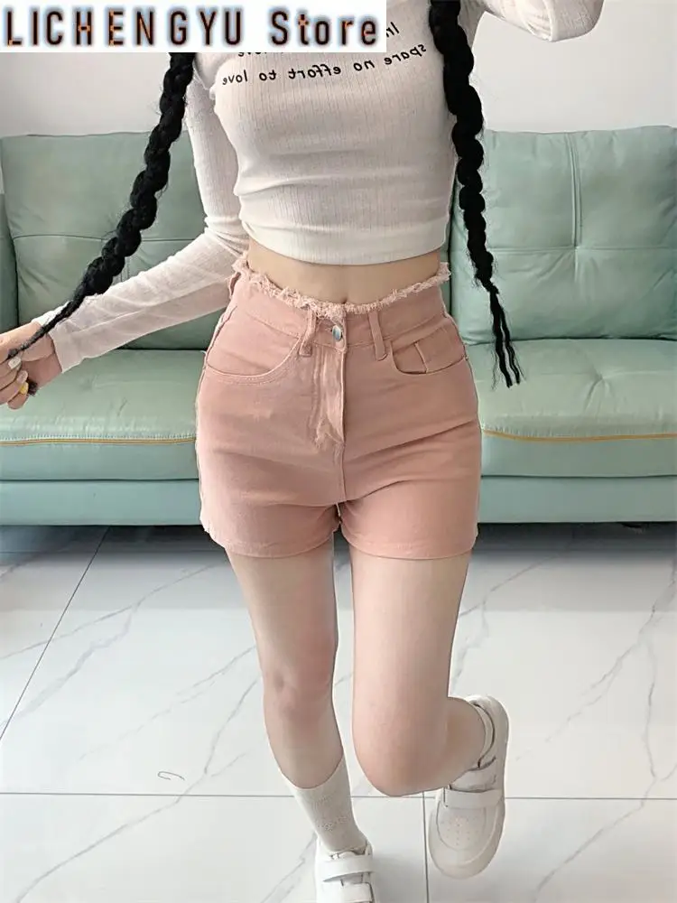 Women Bow Embroidery A-line High Waist Pink Denim Shorts Cool Girl Triangle Mini Trousers Female Wide Leg Summer Hot Pants