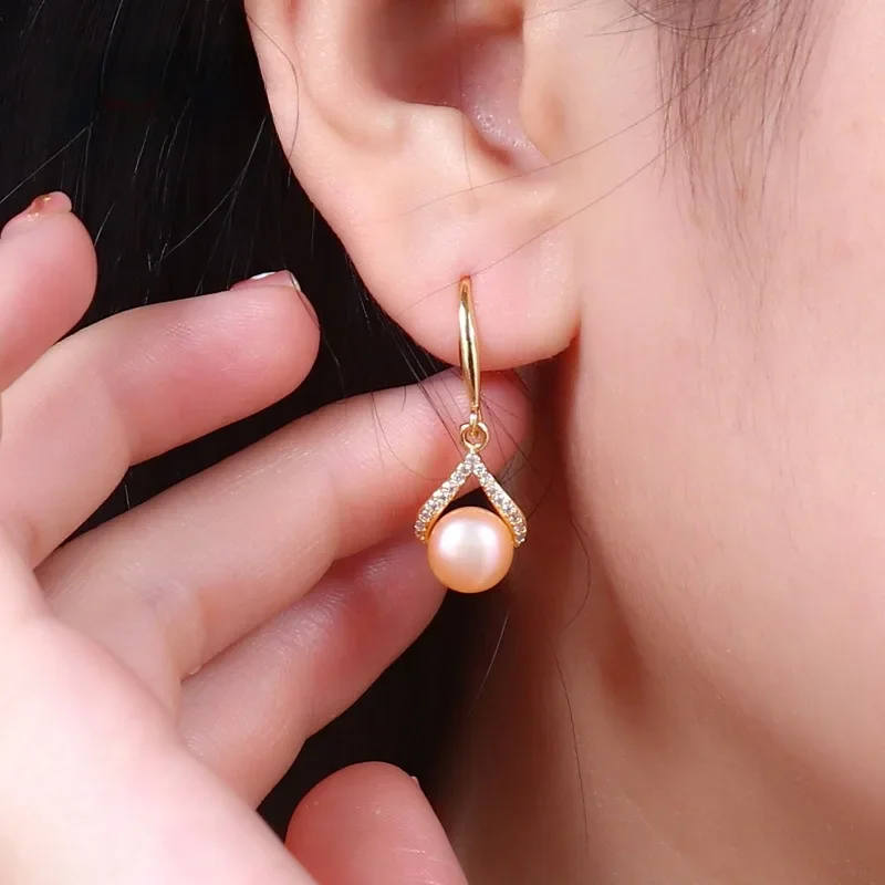 8-9mm Natural Freshwater Pearl Drop Earrings for Women Girls Rhombus Crystal Zircon Dangle Hook Earrings Jewelry 2025 New In