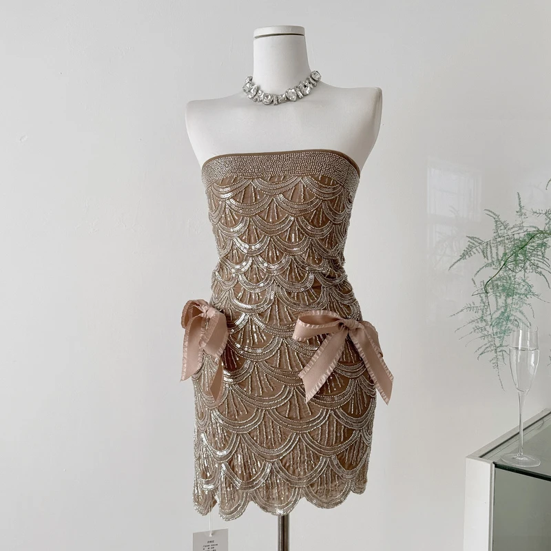 

Сексуальное облегающее платье, популярное вечернее мини-платье без бретелек с блестками для девочек, модное облегающее короткое платье с бантом на день рождения, женское, новинка 2026 г.