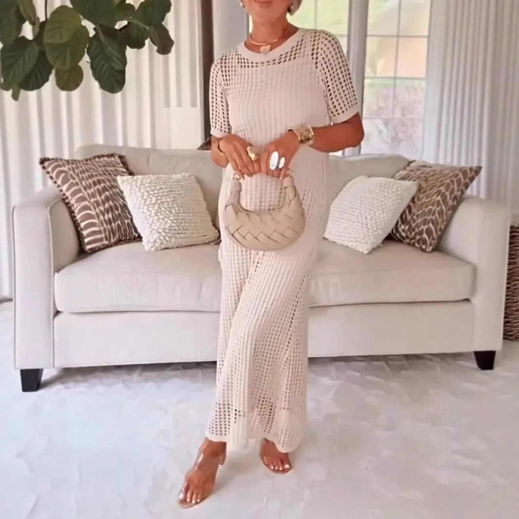 

Dress Women Hollow Out Mid Length Dresses White Beach Sexy Two Piece Set Work High Waist V Neck A Line Elegant Summer Vestidos