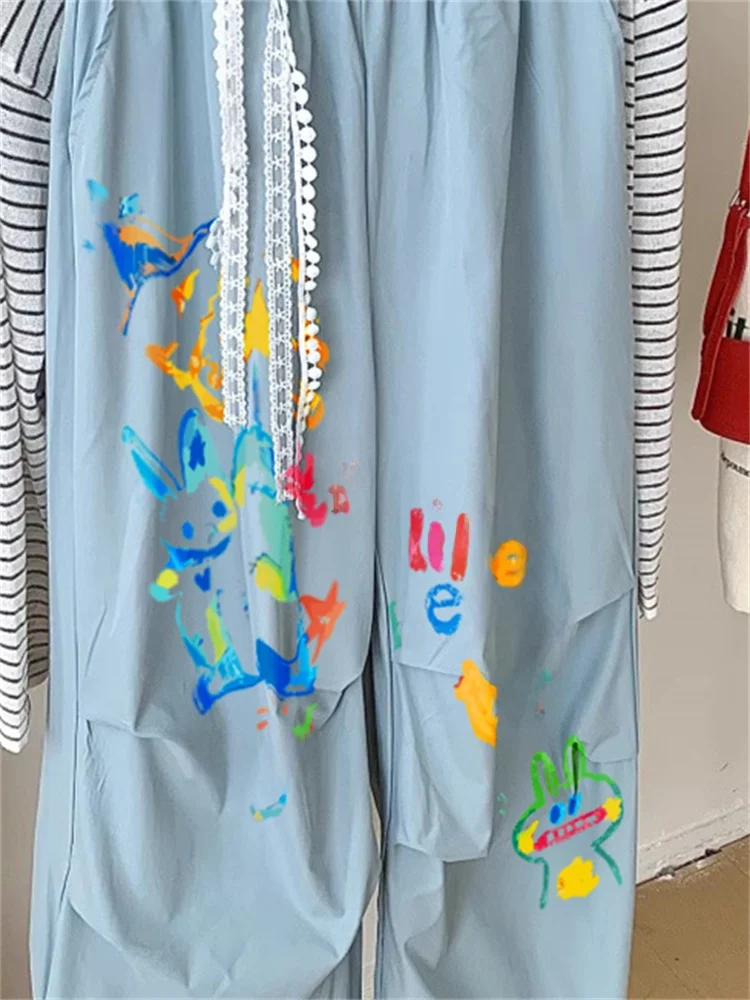 Retro Fre Blauw Kant Splitsen Hoge Taille Casual Broek Mannen Vrouwen Zomer Losse Match Alle Ontwerp Lange Broek Hoge Taille Werkkleding