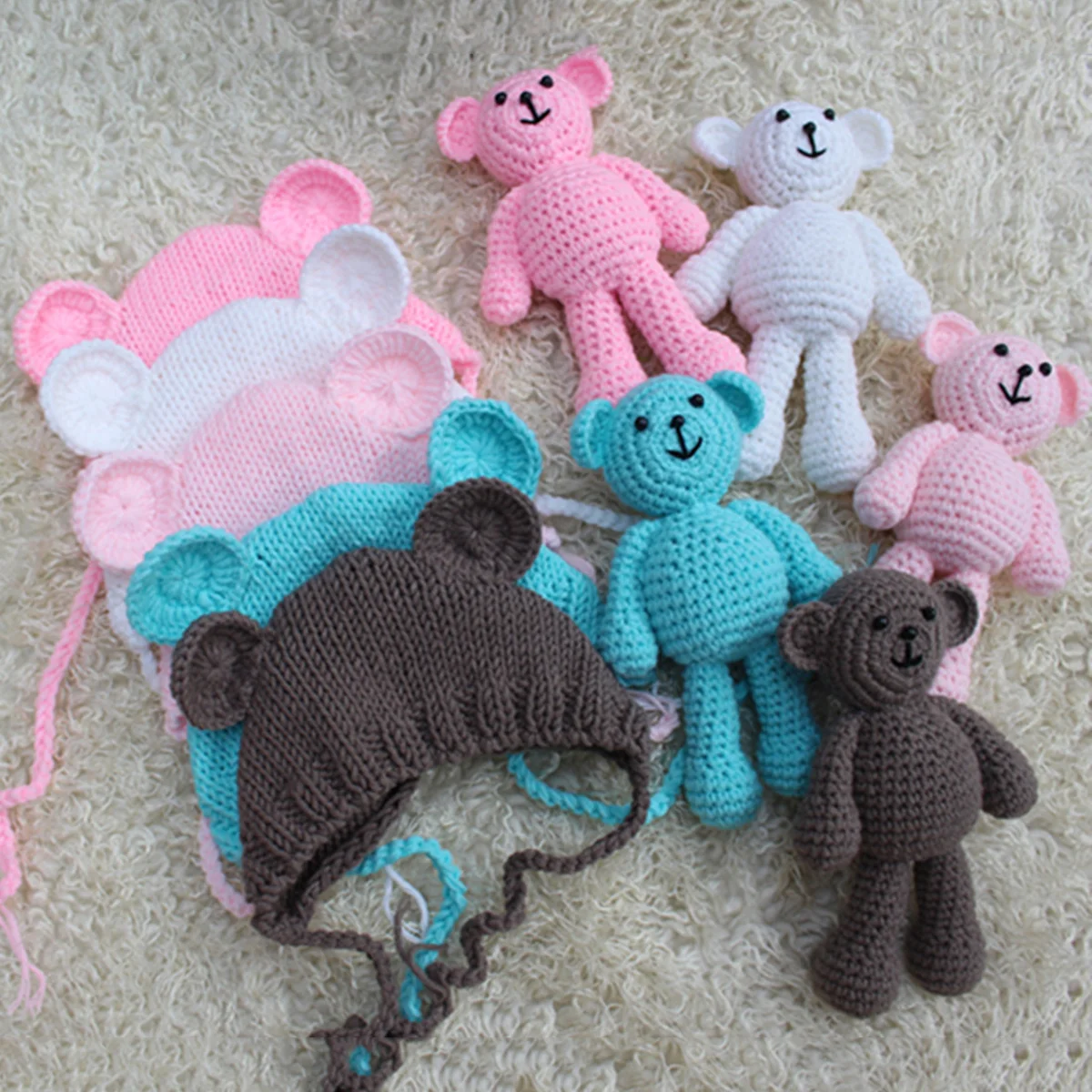 

Lake Blue Baby Photo Hat Knitted Newborn Photography Prop Cute Bear Crochet Cap 0-6 Months Baby Photography Cap