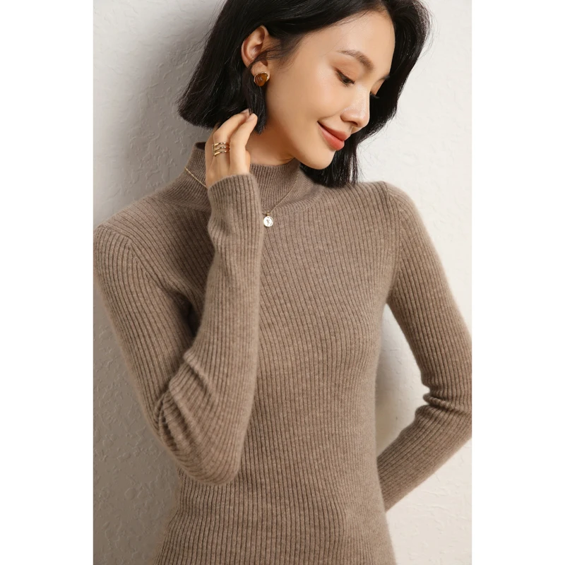 

High Quality 100% Cashmere Women Slim Mock-neck Pullovers Autumn Winter Basic Cashmere Sweater Warm Long Sleeve Bottom Clothing