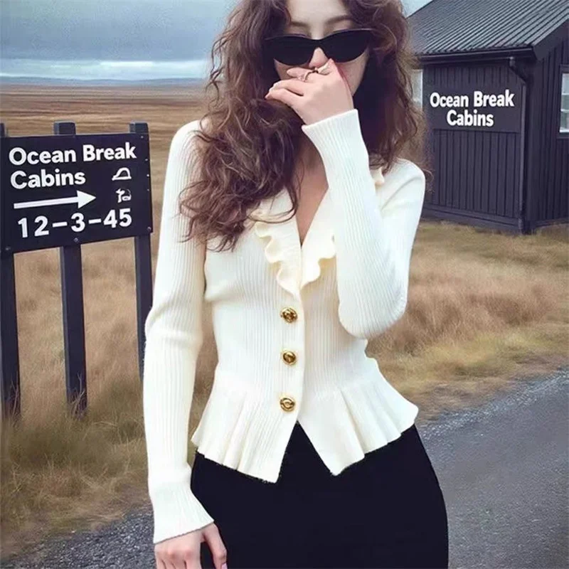 

Женский вязаный свитер с V-образным вырезом и краем в виде листьев лотоса, новинка 2026 года, весна-осень, высококачественный вязаный топ в стиле «маленький аромат», кардиган, куртка