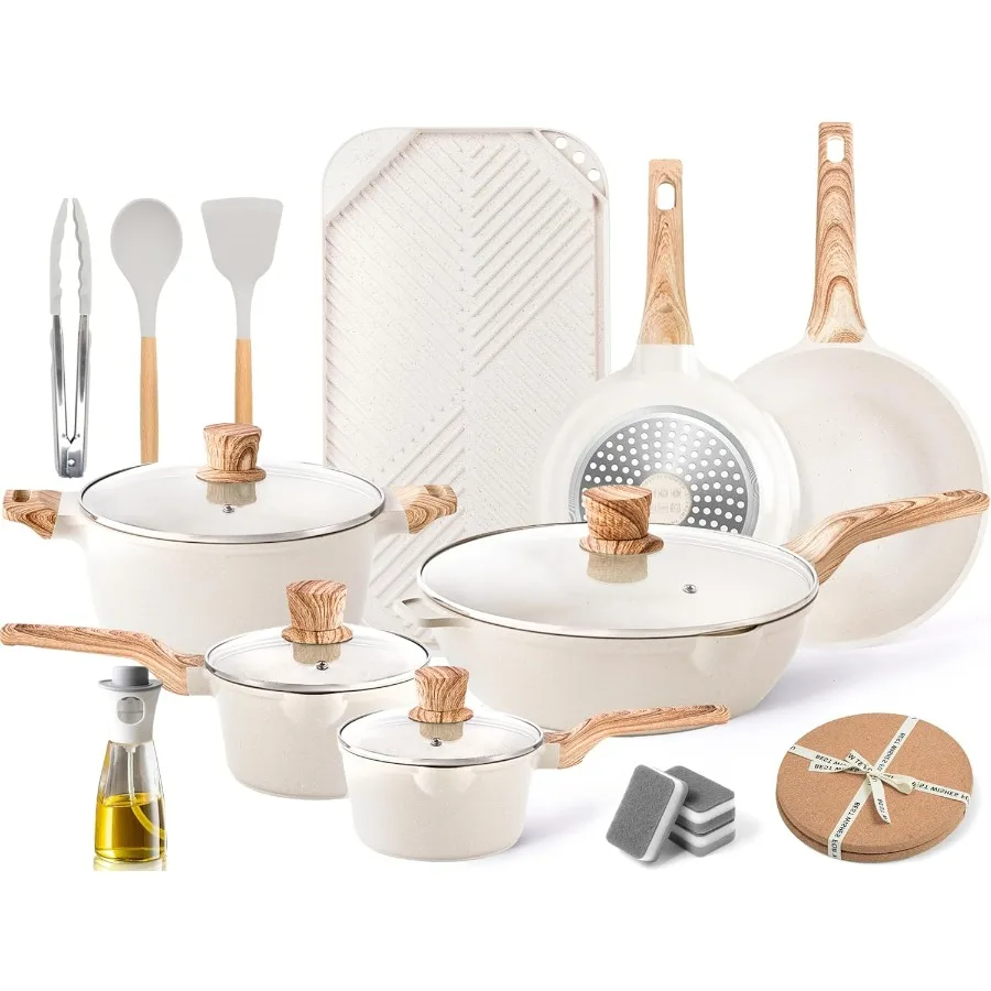 Juego de utensilios de cocina de 20 piezas, ollas y sartenes antiadherentes, utensilios de cocina de inducción de granito, juego de cocina antiadherente, parrilla blanca grisáceo Gri