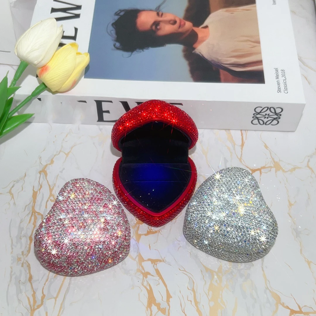 Sparkling Rhinestone LED Jewelry Ring Box Heart Shaped Ring Box Display Box with Light for Engagement Wedding Storage Case