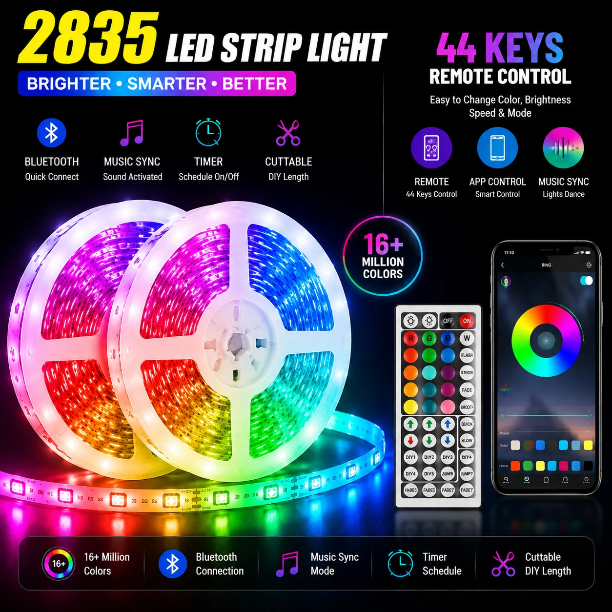 USB 2835 RGB LED Strip Bluetooth & Remote Control, 44 Modes Music Sync Millions Gradient Colors Dimmable Bedroom Festival Decor