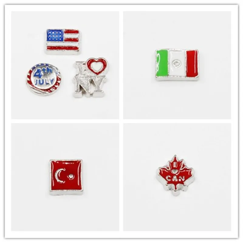 Hot Selling 20pcs USA Italy Canada Turkey Flag Enamels Floating Charms for Glass Memory Lockets DIY Pendants Jewelry Wholesale