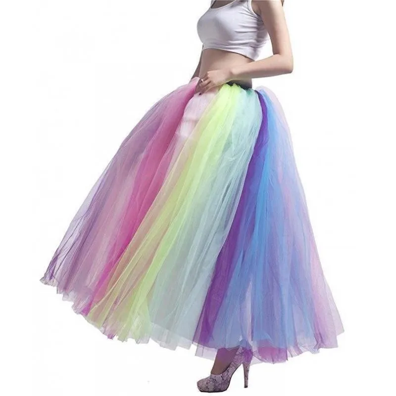 BABYONLINE jupes arc-en-ciel femmes Vintage taille élastique plissée 6 couches Tulle jupe Maxi pour bal fête carnaval