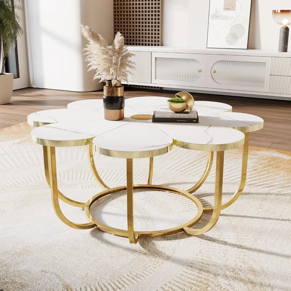 

White and Gold Coffee Table, 39.37-Inch Modern Accent Center Piece with Flower-Shaped Faux Marble Tabletop and Metal Frame for