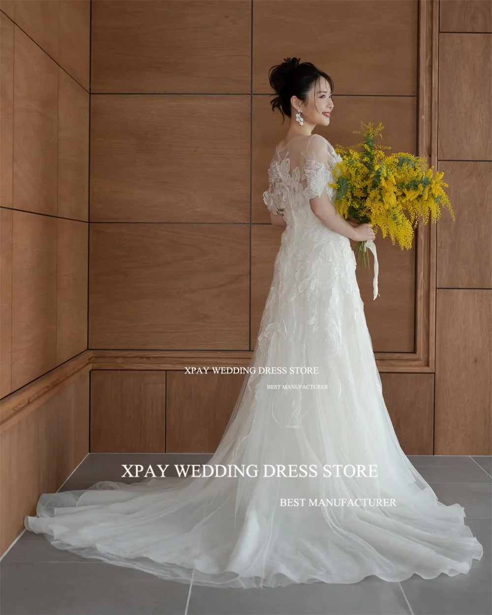 XPAY Strapless A Line Korea Wedding Dresses With Cape Lace Appliques Puff Top Tulle Custom Made Sweep Train Floor Bridal Gowns