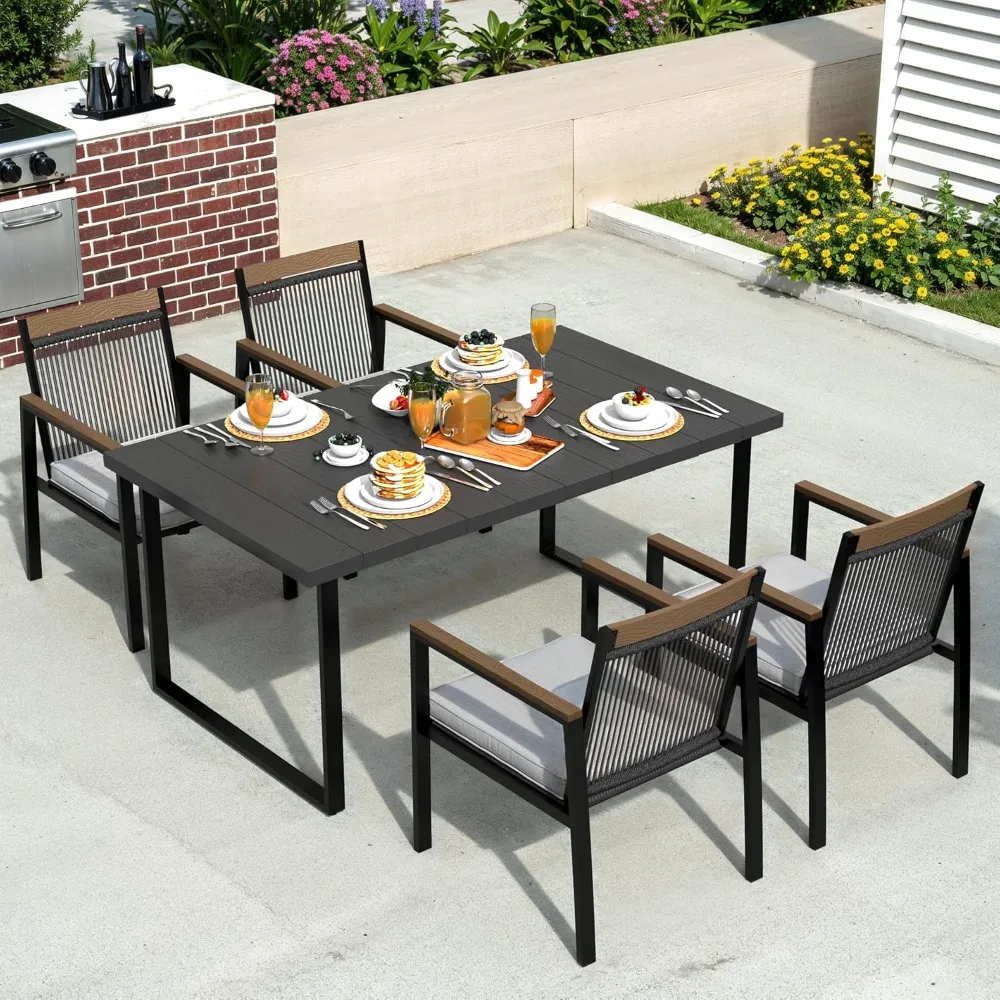 

5-Piece Patio Dining Table and Chair Sets, Outdoor Metal Dining Furniture Set with Umbrella Hole, Wood Grain Tabletop, 4 Rope Pa