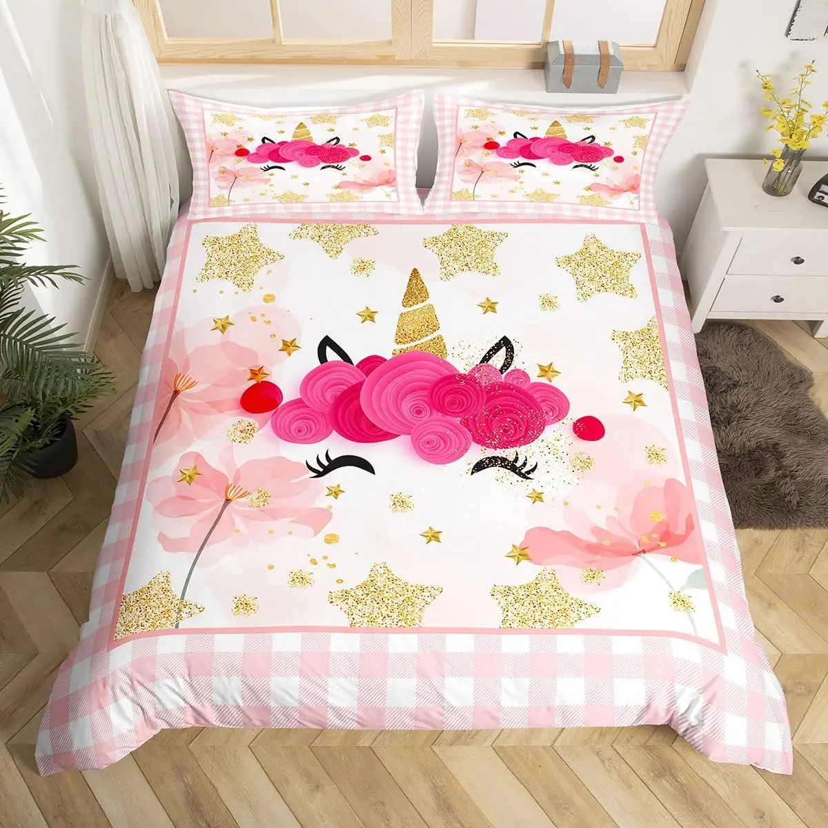 

Girls Unicorn Duvet Cover Set King Size Cute Golden Glitter Unicorn Bedding Set Pink Floral Quilt Cover Fantasy Animals Bed Set