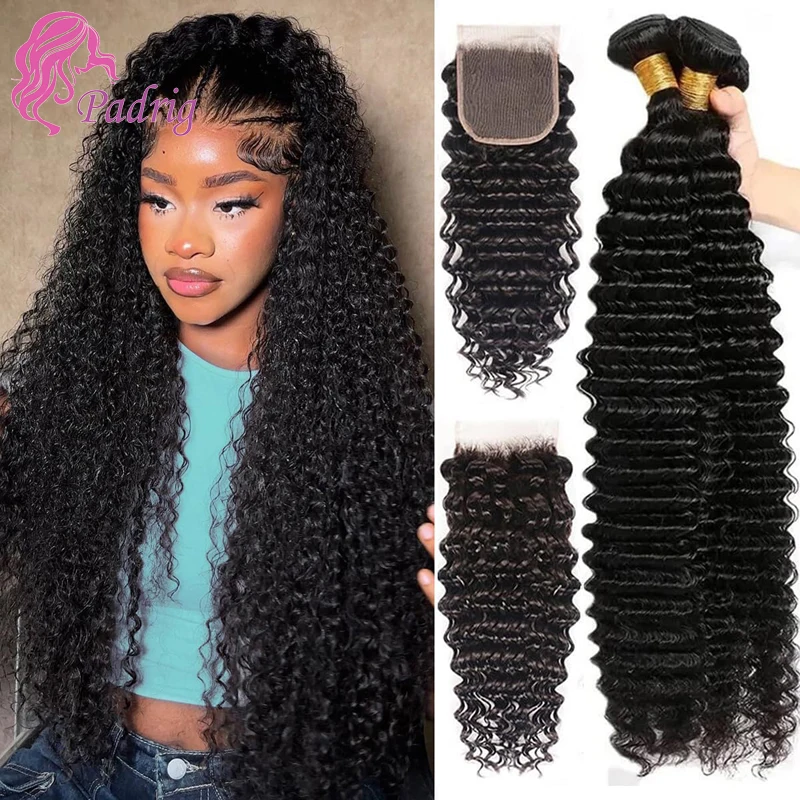 Deep Wave Bundles With Closure Brazilian Virgin Human Hair Free Part Curly Weave 3 Bundles With 13x4 Frontal Natural Color